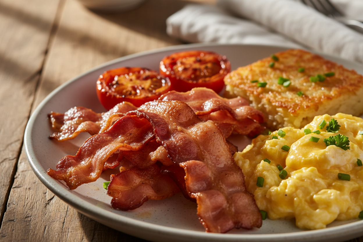 create a images of really good looking breakfast with bacon as the focus